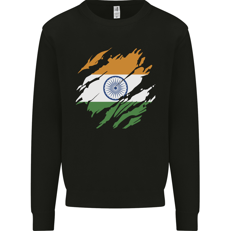 Torn India Flag Indian Day Football Kids Sweatshirt Jumper Black