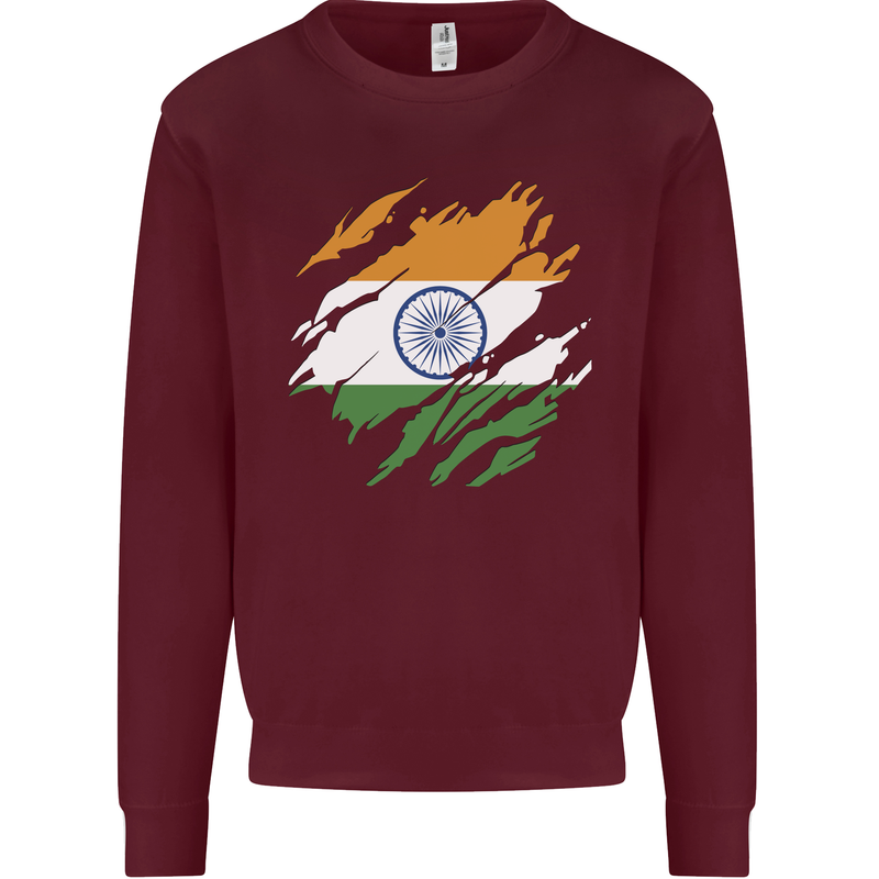 Torn India Flag Indian Day Football Kids Sweatshirt Jumper Maroon