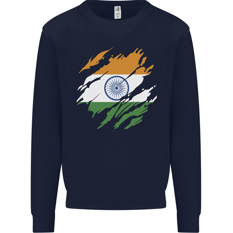 Torn India Flag Indian Day Football Kids Sweatshirt Jumper Navy Blue