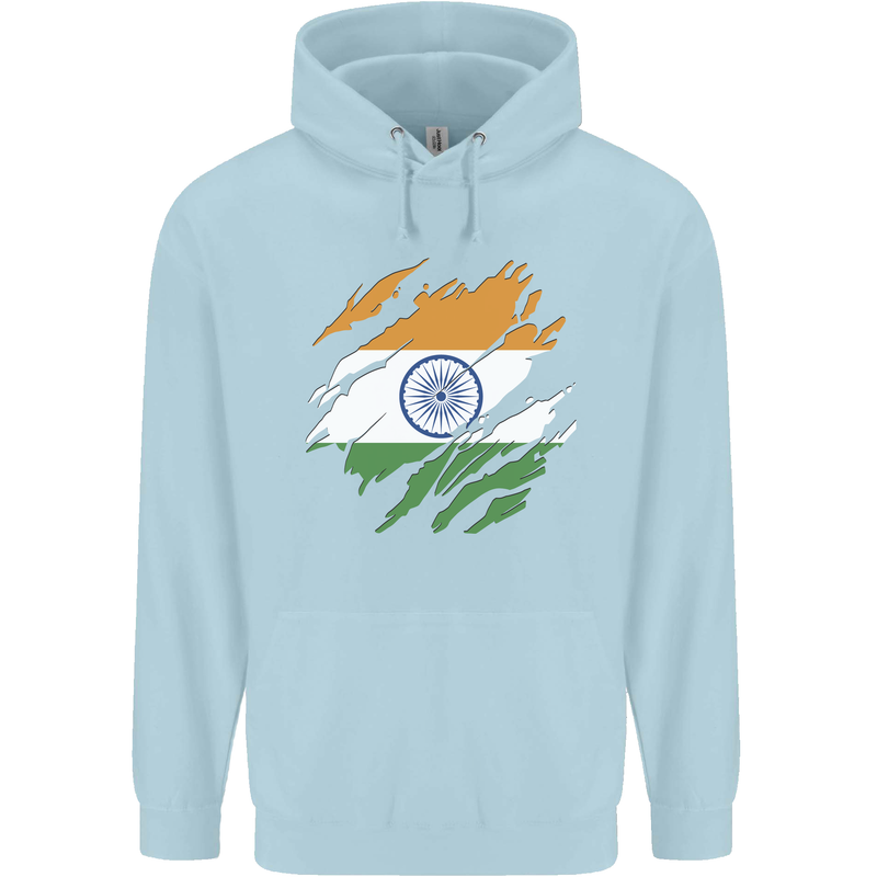 Torn India Flag Indian Day Football Mens 80% Cotton Hoodie Light Blue