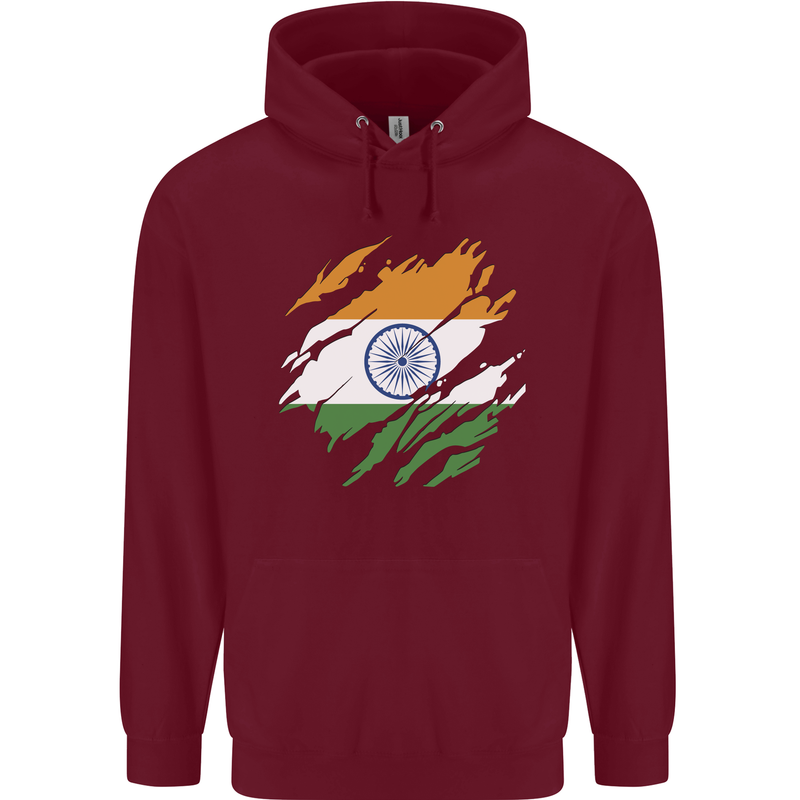 Torn India Flag Indian Day Football Mens 80% Cotton Hoodie Maroon