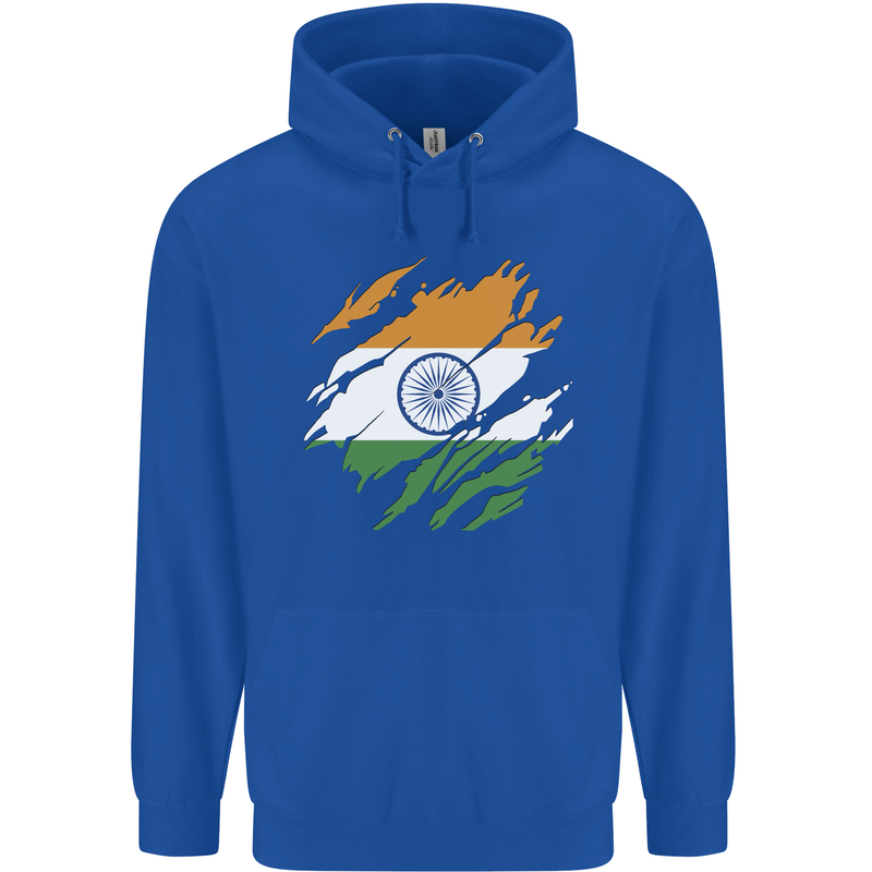 Torn India Flag Indian Day Football Mens 80% Cotton Hoodie Royal Blue