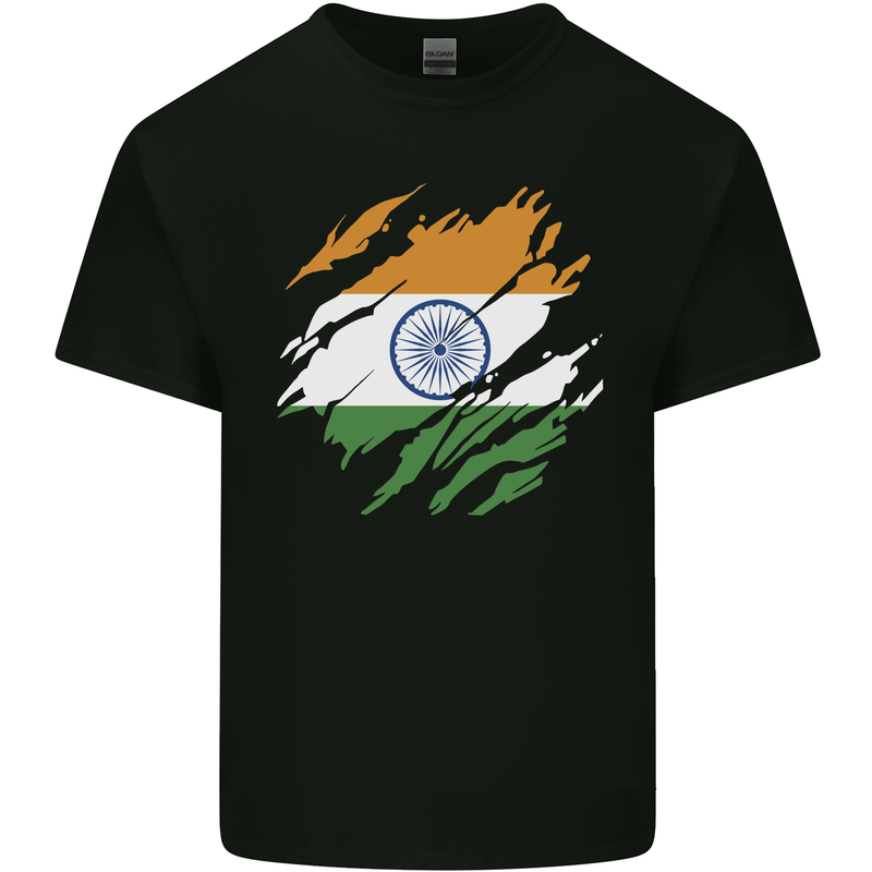 Torn India Flag Indian Day Football Mens Cotton T-Shirt Tee Top Black