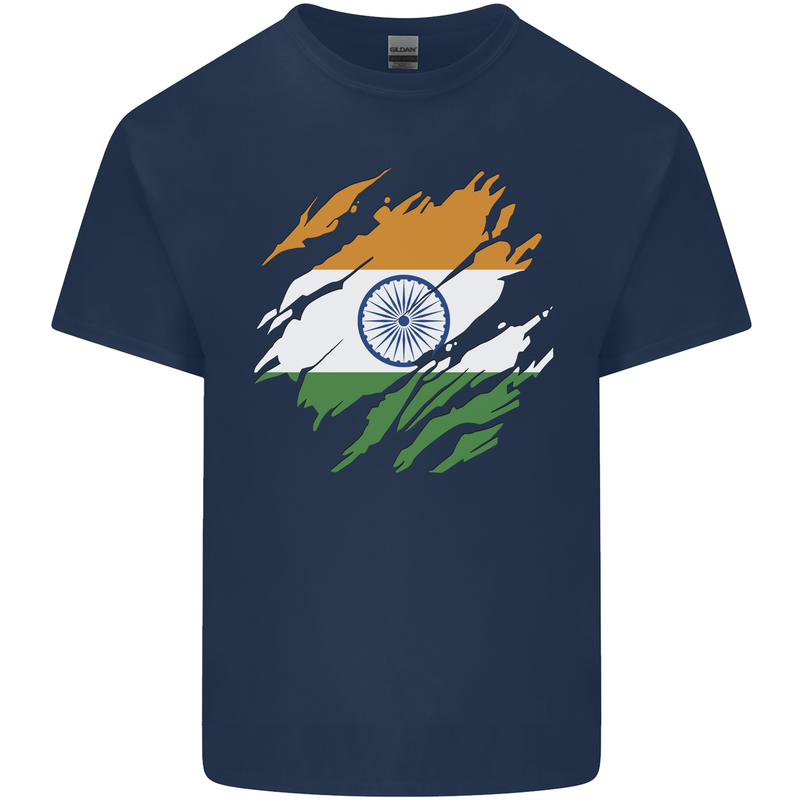 Torn India Flag Indian Day Football Mens Cotton T-Shirt Tee Top Navy Blue