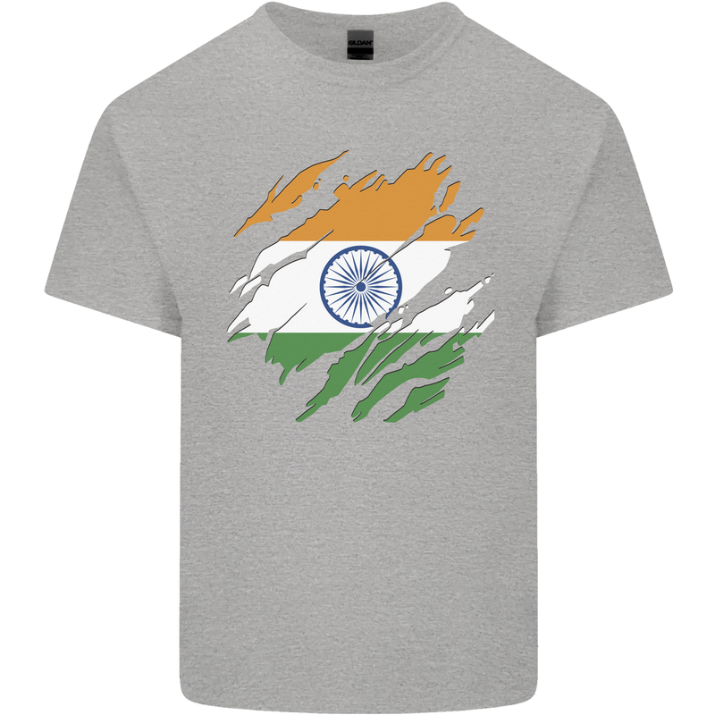 Torn India Flag Indian Day Football Mens Cotton T-Shirt Tee Top Sports Grey
