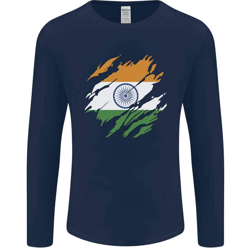 Torn India Flag Indian Day Football Mens Long Sleeve T-Shirt Navy Blue