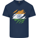 Torn India Flag Indian Day Football Mens V-Neck Cotton T-Shirt Navy Blue