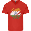 Torn India Flag Indian Day Football Mens V-Neck Cotton T-Shirt Red