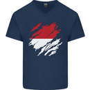 Torn Indonesia Flag Indonesian Day Football Mens V-Neck Cotton T-Shirt Navy Blue