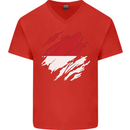 Torn Indonesia Flag Indonesian Day Football Mens V-Neck Cotton T-Shirt Red