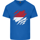 Torn Indonesia Flag Indonesian Day Football Mens V-Neck Cotton T-Shirt Royal Blue