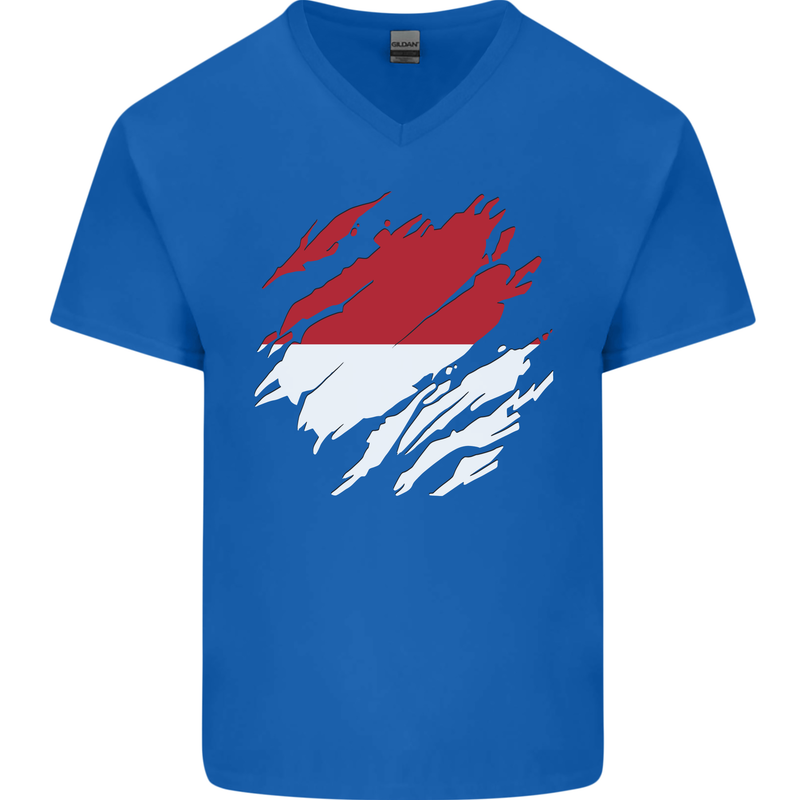 Torn Indonesia Flag Indonesian Day Football Mens V-Neck Cotton T-Shirt Royal Blue