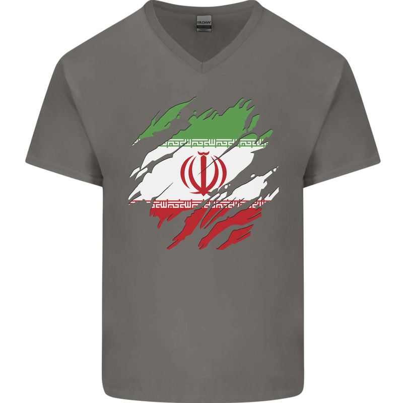 Torn Iran Flag Iranian Day Football Mens V-Neck Cotton T-Shirt Charcoal