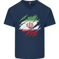 Torn Iran Flag Iranian Day Football Mens V-Neck Cotton T-Shirt Navy Blue