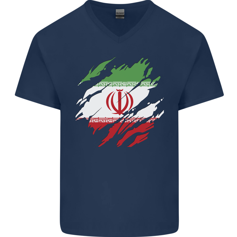 Torn Iran Flag Iranian Day Football Mens V-Neck Cotton T-Shirt Navy Blue