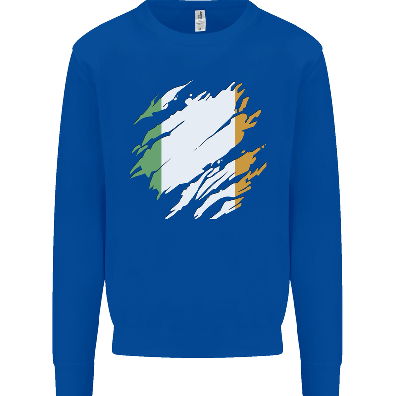 Torn Ireland Flag Irish St Patricks Day Football Kids Sweatshirt Jumper Royal Blue