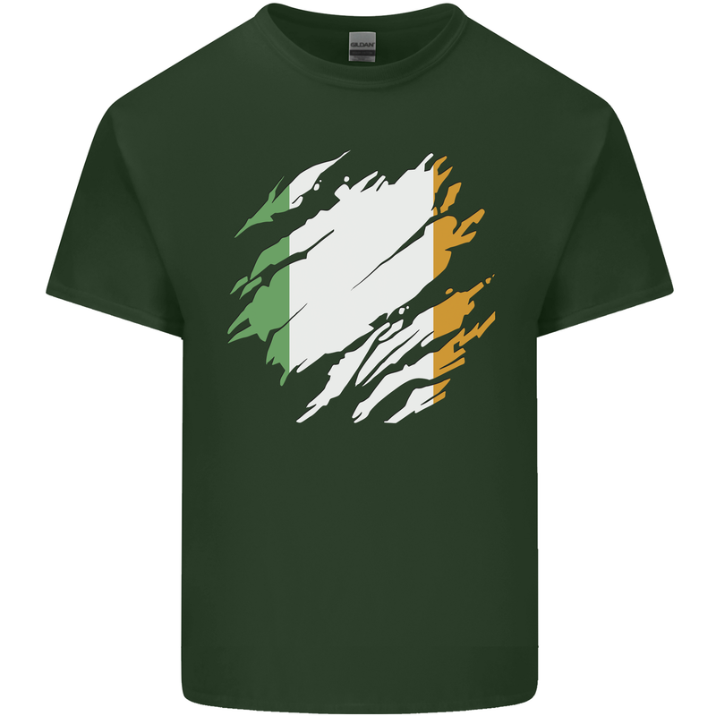 Torn Ireland Flag Irish St Patricks Day Football Mens Cotton T-Shirt Tee Top Forest Green