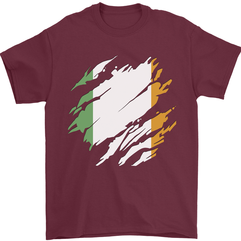 Torn Ireland Flag Irish St Patricks Day Football Mens T-Shirt 100% Cotton Maroon