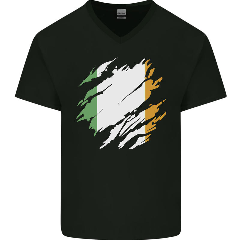 Torn Ireland Flag Irish St Patricks Day Football Mens V-Neck Cotton T-Shirt Black