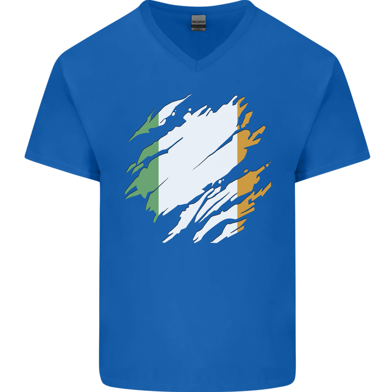 Torn Ireland Flag Irish St Patricks Day Football Mens V-Neck Cotton T-Shirt Royal Blue