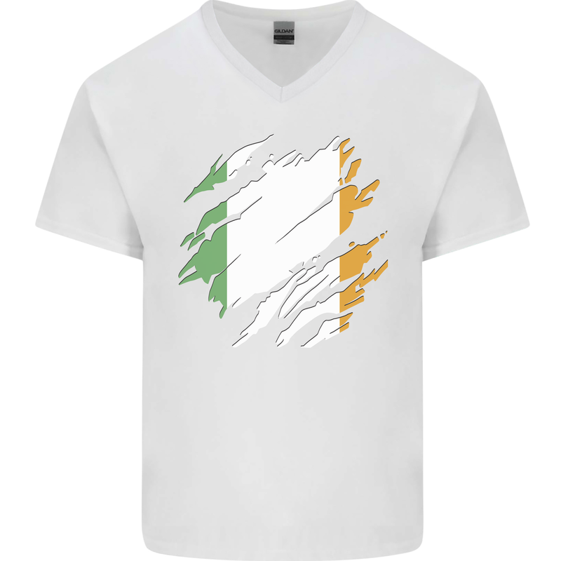 Torn Ireland Flag Irish St Patricks Day Football Mens V-Neck Cotton T-Shirt White