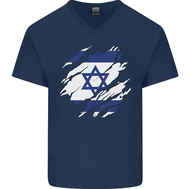 Torn Israel Flag Israeli Day Football Mens V-Neck Cotton T-Shirt Navy Blue