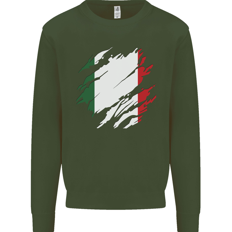 Torn Italy Flag Italians Day Football Kids Sweatshirt Jumper Forest Green