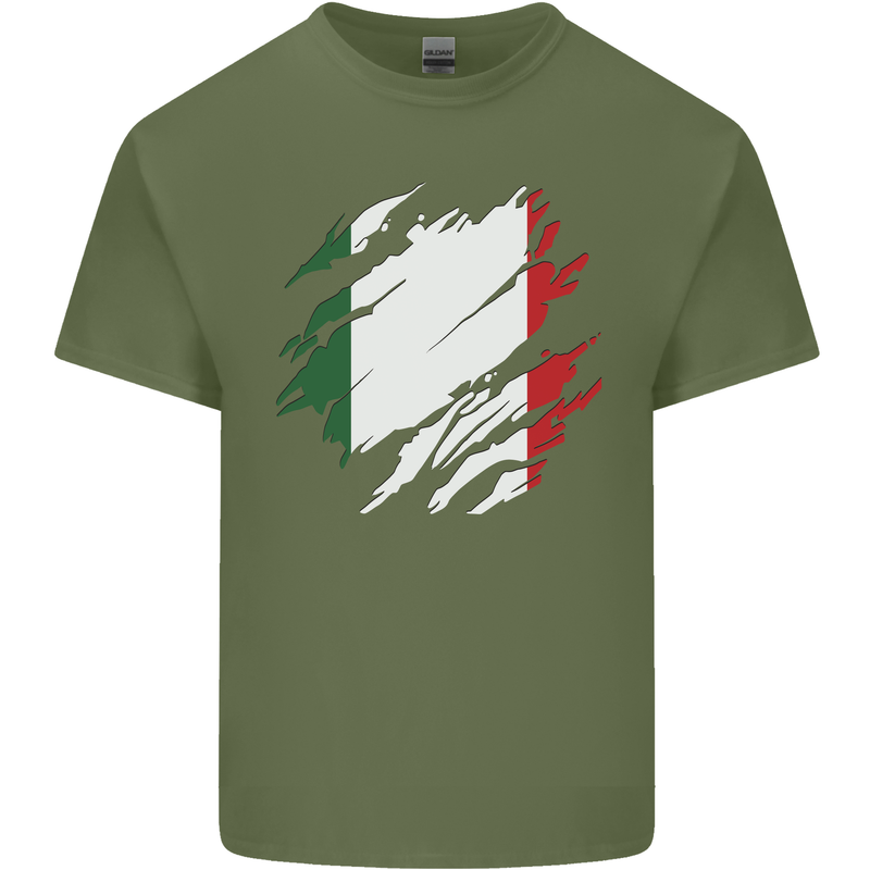 Torn Italy Flag Italians Day Football Mens Cotton T-Shirt Tee Top Military Green
