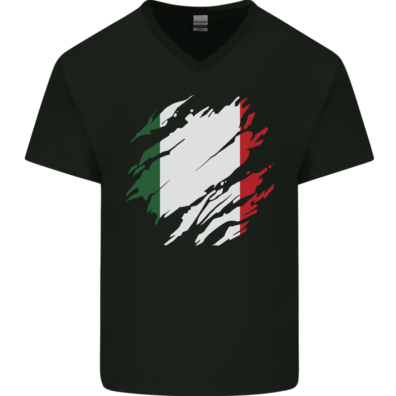 Torn Italy Flag Italians Day Football Mens V-Neck Cotton T-Shirt Black
