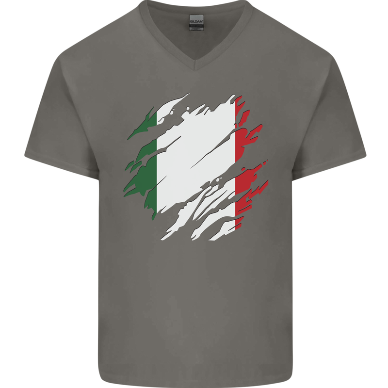 Torn Italy Flag Italians Day Football Mens V-Neck Cotton T-Shirt Charcoal