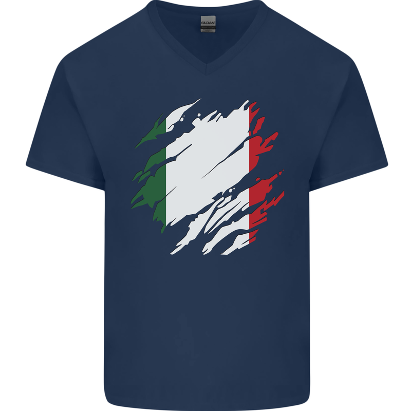 Torn Italy Flag Italians Day Football Mens V-Neck Cotton T-Shirt Navy Blue
