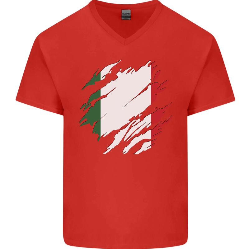 Torn Italy Flag Italians Day Football Mens V-Neck Cotton T-Shirt Red