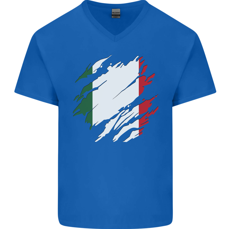 Torn Italy Flag Italians Day Football Mens V-Neck Cotton T-Shirt Royal Blue