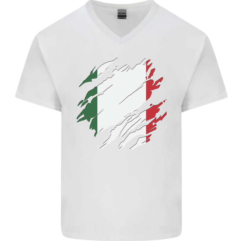 Torn Italy Flag Italians Day Football Mens V-Neck Cotton T-Shirt White