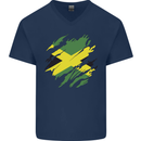 Torn Jamaican Flag Jamaica Day Football Mens V-Neck Cotton T-Shirt Navy Blue