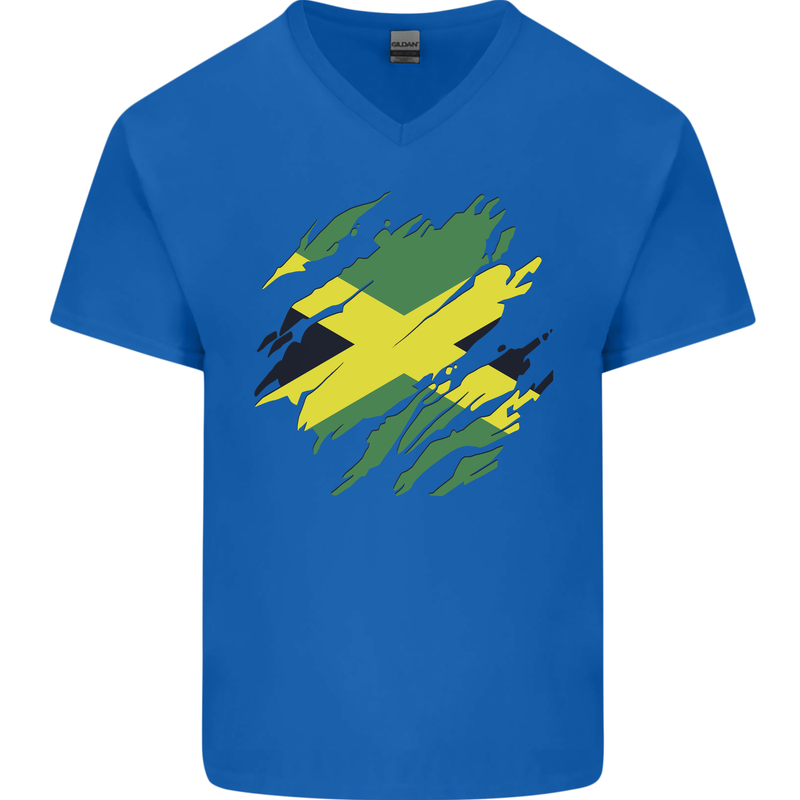 Torn Jamaican Flag Jamaica Day Football Mens V-Neck Cotton T-Shirt Royal Blue