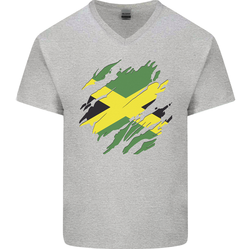Torn Jamaican Flag Jamaica Day Football Mens V-Neck Cotton T-Shirt Sports Grey