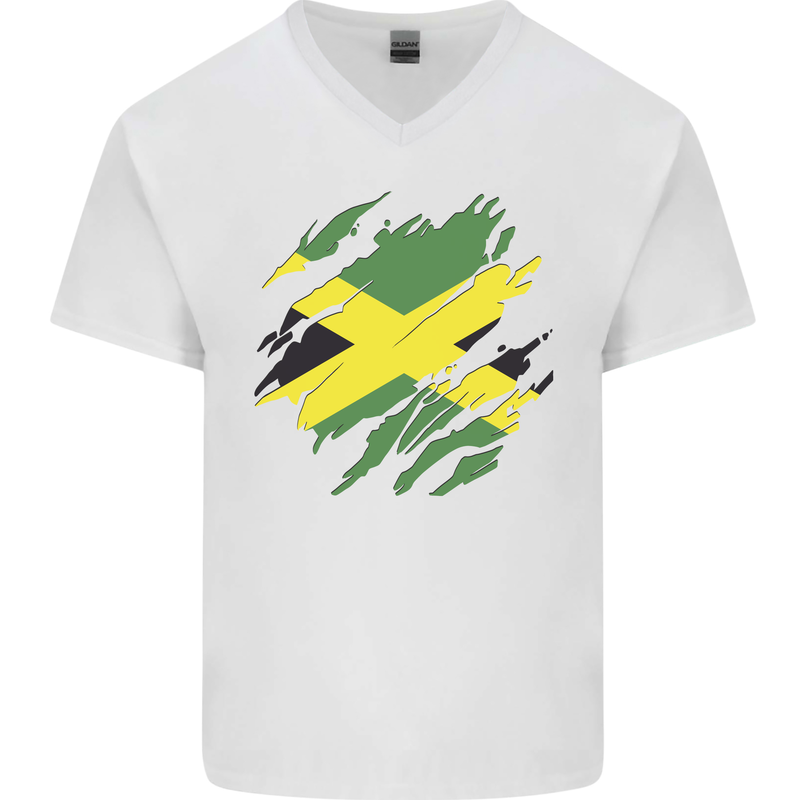 Torn Jamaican Flag Jamaica Day Football Mens V-Neck Cotton T-Shirt White
