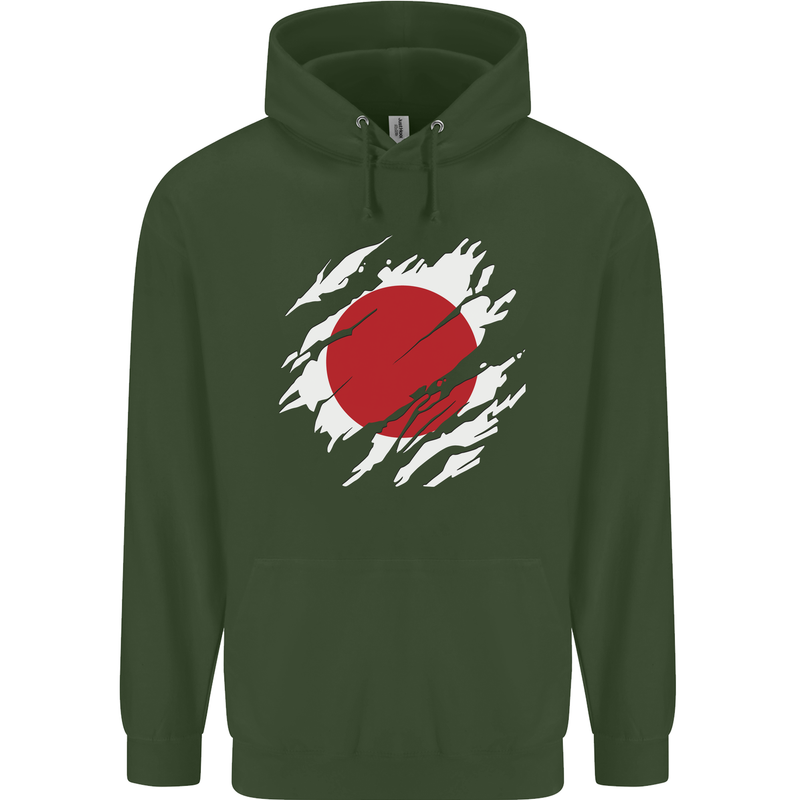 Torn Japan Flag Japanese Day Football Childrens Kids Hoodie Forest Green