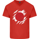 Torn Japan Flag Japanese Day Football Mens V-Neck Cotton T-Shirt Red