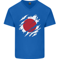 Torn Japan Flag Japanese Day Football Mens V-Neck Cotton T-Shirt Royal Blue