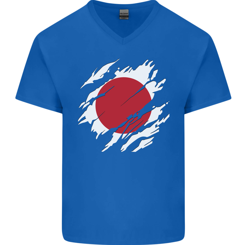 Torn Japan Flag Japanese Day Football Mens V-Neck Cotton T-Shirt Royal Blue
