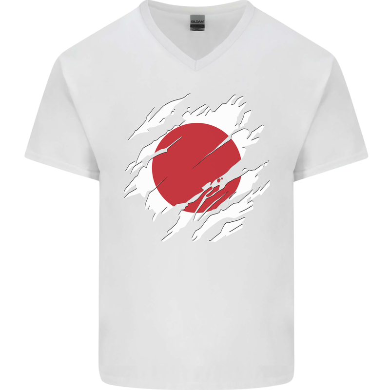 Torn Japan Flag Japanese Day Football Mens V-Neck Cotton T-Shirt White