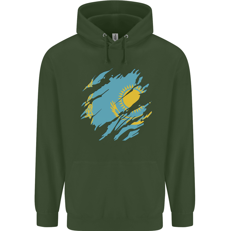 Torn Kazakhstan Flag Kazakh Day Football Childrens Kids Hoodie Forest Green