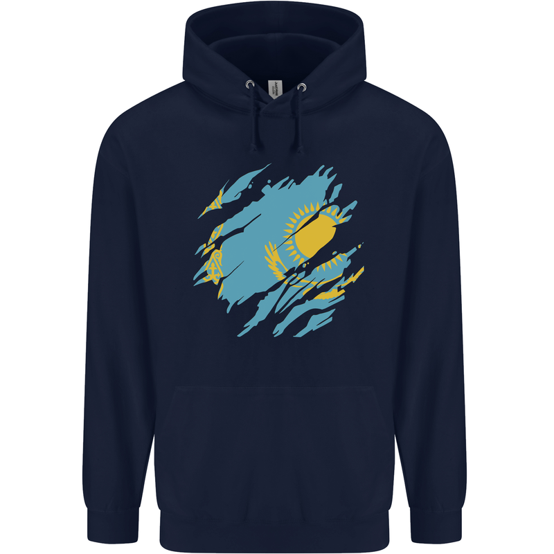 Torn Kazakhstan Flag Kazakh Day Football Mens 80% Cotton Hoodie Navy Blue