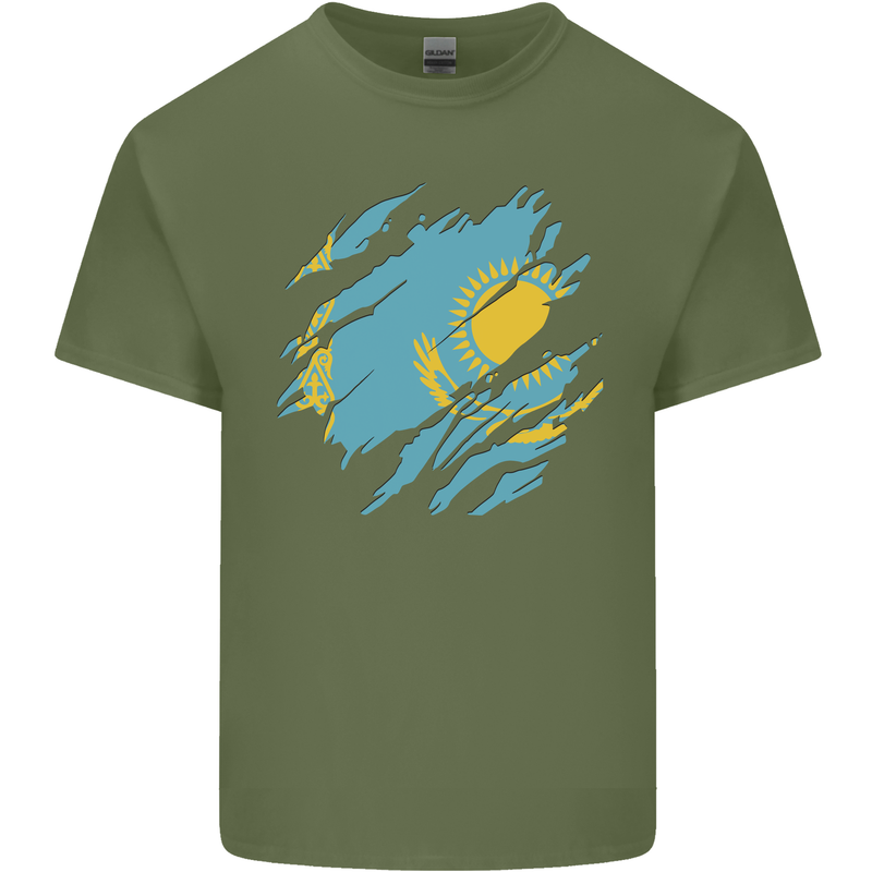 Torn Kazakhstan Flag Kazakh Day Football Mens Cotton T-Shirt Tee Top Military Green