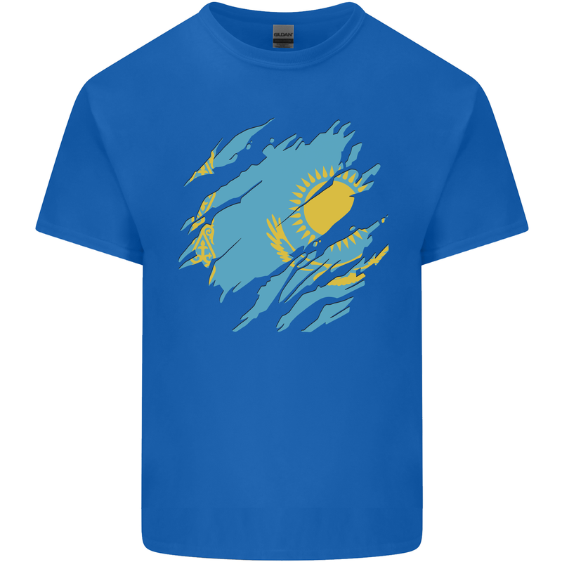 Torn Kazakhstan Flag Kazakh Day Football Mens Cotton T-Shirt Tee Top Royal Blue