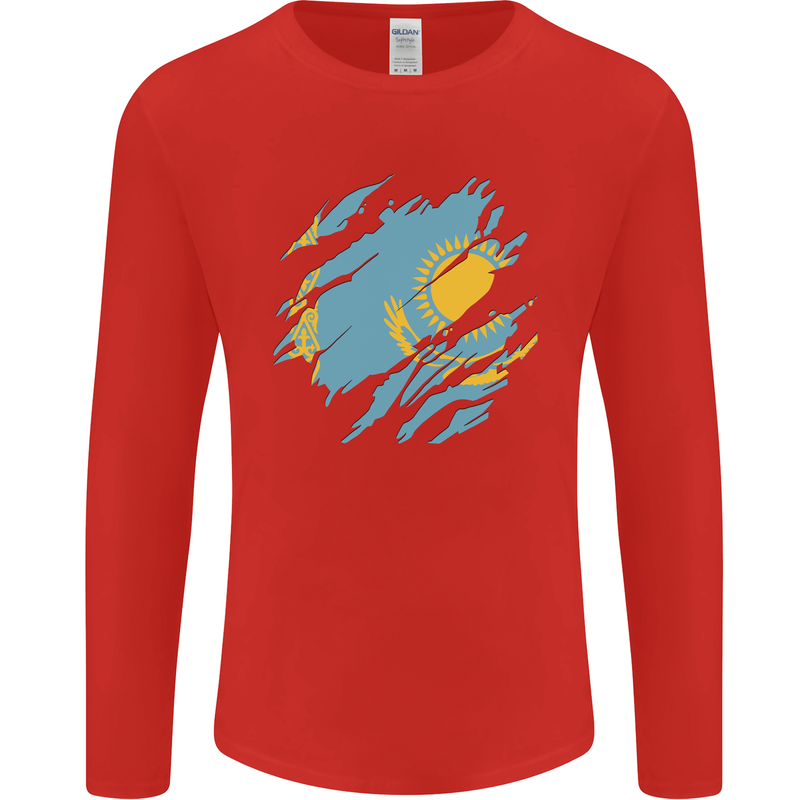 Torn Kazakhstan Flag Kazakh Day Football Mens Long Sleeve T-Shirt Red