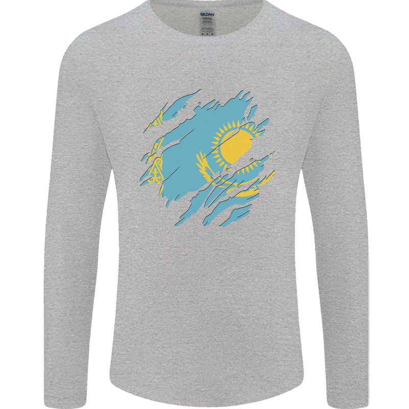 Torn Kazakhstan Flag Kazakh Day Football Mens Long Sleeve T-Shirt Sports Grey