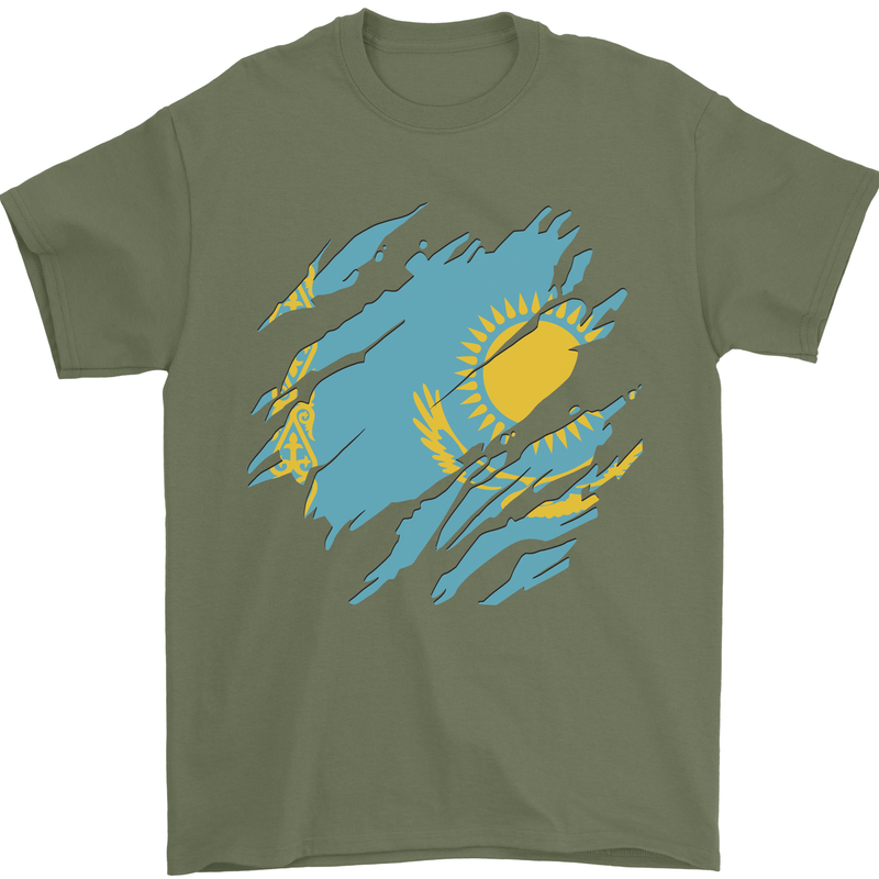Torn Kazakhstan Flag Kazakh Day Football Mens T-Shirt 100% Cotton Military Green